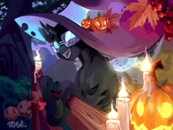 Size: 2000x1500 | Tagged: safe, artist:pixelgreen, oc, oc only, oc:tarsi, changeling, candle, candlelight, changeling oc, clothes, commission, costume, fangs, fence, glasses, halloween, hat, holiday, jack-o-lantern, pumpkin, smiling, solo, wings, witch hat, ych result