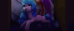 Size: 800x332 | Tagged: safe, edit, edited screencap, screencap, izzy moonbow, sunny starscout, earth pony, pony, unicorn, g5, my little pony: a new generation, spoiler:my little pony: a new generation, 3d, animated, duo, duo female, female, gif, loop, mare, reversed