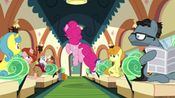 Size: 1280x720 | Tagged: safe, screencap, carrot top, cathy o'marea, down under, golden harvest, lemon hearts, pinkie pie, rarity, earth pony, pony, unicorn, g4, the gift of the maud pie, catherine o'hara, female, friendship express, glasses, john candy, male, mare, mid-air, neighl page, planes trains and automobiles, stallion, steve martin, train, unnamed character, unnamed pony