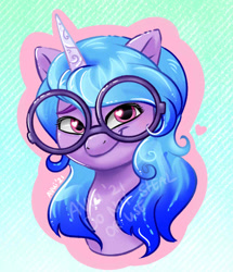 Size: 668x776 | Tagged: safe, artist:avui, izzy moonbow, pony, unicorn, g5, my little pony: a new generation, spoiler:g5, spoiler:my little pony: a new generation, bust, female, glasses, mare, portrait, solo, watermark
