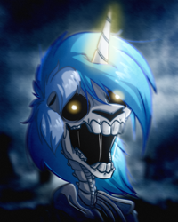 Size: 3200x4000 | Tagged: safe, artist:witchtaunter, lyra heartstrings, pony, skeleton pony, unicorn, g4, bone, cloud, cloudy, glowing, glowing eyes, glowing horn, halloween, holiday, horn, horror, skeleton, solo, spooky