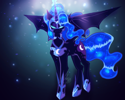 Size: 1280x1024 | Tagged: safe, artist:cominet97, nightmare moon, alicorn, pony, g4, bat wings, blue eyes, blue mane, blue tail, colored pupils, digital art, ethereal mane, ethereal tail, female, flowing mane, glowing, glowing horn, hoof shoes, horn, looking at you, mare, peytral, signature, simple background, solo, spread wings, starry mane, starry tail, stars, tail, wings