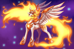 Size: 1280x854 | Tagged: dead source, safe, artist:janeraver, daybreaker, alicorn, pony, a royal problem, g4, armor, digital art, ethereal tail, evil laugh, eyes closed, fangs, feather, female, flowing mane, flowing tail, helmet, hoof shoes, horn, laughing, long mane, long tail, mane of fire, mare, open mouth, peytral, princess shoes, purple background, scene interpretation, simple background, solo, spread wings, tail, teeth, thin legs, wing armor, wings
