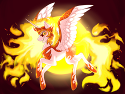 Size: 4160x3120 | Tagged: safe, artist:sn0wy18, daybreaker, alicorn, pony, g4, armor, commission, eyelashes, feather, female, flowing mane, flowing tail, flying, gem, grin, helmet, high res, hoof shoes, horn, looking at you, mane of fire, mare, peytral, simple background, smiling, smiling at you, solo, spread wings, sun, tail, wing armor, wings, yellow eyes