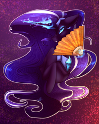 Size: 2560x3200 | Tagged: safe, artist:flabight568, nightmare rarity, pony, unicorn, g4, blue eyes, bust, colored pupils, crown, ethereal mane, eyelashes, fan, female, flowing mane, gem, glowing, glowing horn, high res, horn, jewelry, logo, looking at you, magic, magic aura, mare, peytral, purple background, purple mane, regalia, simple background, solo, teeth, telekinesis