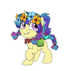 Size: 680x680 | Tagged: safe, artist:jewellier, oc, oc only, oc:sagitta, pony, bag, disguise, disguised changeling, female, flower, flower in hair, mare, oda 997, simple background, smiling, solo, white background, young