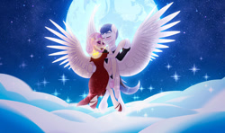 Size: 900x534 | Tagged: safe, artist:nivimonster, oc, oc only, oc:rose wing, oc:white quartz, pegasus, pony, clothes, cloud, dress, female, male, moon, oc x oc, shipping, stars, straight