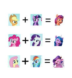 Size: 999x1075 | Tagged: safe, applejack, fluttershy, izzy moonbow, pinkie pie, pipp petals, rainbow dash, rarity, sunny starscout, twilight sparkle, alicorn, earth pony, pegasus, pony, unicorn, g5, my little pony: a new generation, comparison, mane six, open mouth, twilight sparkle (alicorn)