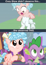 Size: 430x600 | Tagged: safe, edit, edited edit, edited screencap, editor:undeadponysoldier, screencap, cozy glow, spike, dragon, pegasus, pony, g4, school raze, the ending of the end, a better ending for cozy, bag, bow, cozy deserved this, cozylove, drama, duo, female, filly, freckles, hair bow, male, paper bag, pursuit, reformed