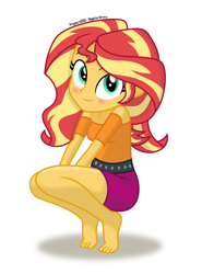 Size: 2614x3535 | Tagged: safe, artist:kingdark0001, sunset shimmer, equestria girls, equestria girls series, g4, barefoot, blushing, clothes, cute, feet, female, high res, shimmerbetes, simple background, skirt, smiling, solo, white background