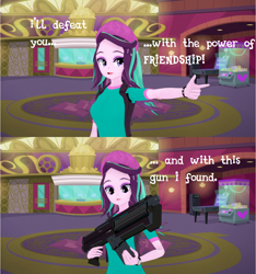 Size: 1282x1370 | Tagged: safe, artist:missmagnificence, starlight glimmer, equestria girls, equestria girls specials, g4, my little pony equestria girls: mirror magic, 3d, and this gun i found, bracelet, claw machine, clothes, comic, dialogue, eyeshadow, female, gun, jewelry, koikatsu, makeup, open mouth, rifle, shirt, solo, weapon
