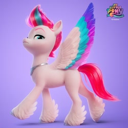 Size: 1080x1080 | Tagged: safe, artist:borja l-galiano, artist:jonatancatalan, part of a set, zipp storm, pegasus, pony, g5, my little pony: a new generation, official, 3d, colored wings, concave belly, concept art, eyebrows, feathered fetlocks, fluffy, hooves, jewelry, looking at you, multicolored wings, my little pony logo, necklace, peytral, regalia, simple background, slender, solo, spread wings, thin, unshorn fetlocks, wings