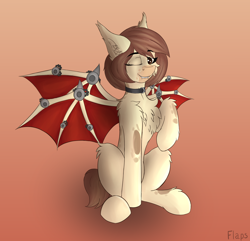 Size: 2976x2868 | Tagged: safe, artist:flapstune, oc, oc only, oc:mila taiyo, bat pony, pony, bat wings, chest fluff, ear fluff, fangs, female, fluffy, high res, long ears, looking at you, mare, one eye closed, signature, simple background, sitting, smiling, solo, spread wings, wings