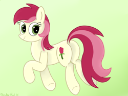 Size: 4032x3016 | Tagged: safe, artist:rainbowšpekgs, roseluck, earth pony, pony, g4, background pony, butt, cute, dock, female, gradient background, green eyes, high res, mare, plot, rosebutt, signature, smiling, solo, tail, two toned mane, two toned tail, underhoof