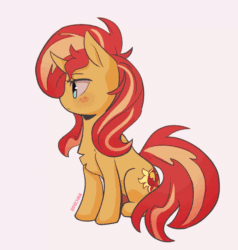 Size: 1144x1200 | Tagged: safe, artist:katakiuchi4u, sunset shimmer, pony, unicorn, animated, blinking, blushing, chest fluff, curved horn, cute, daaaaaaaaaaaw, eye shimmer, eyes closed, female, floating heart, frame by frame, freckles, gif, happy, heart, horn, looking at you, mare, one ear down, peppered bacon, ponytober, shimmerbetes, simple background, sitting, smiling, solo