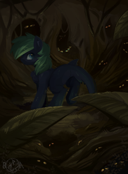 Size: 816x1110 | Tagged: safe, artist:beardie, oc, oc only, original species, pony, shark, shark pony, chest fluff, commission, forest, glowing, glowing eyes, solo