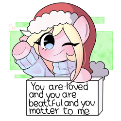 Size: 720x723 | Tagged: safe, artist:arwencuack, oc, oc only, oc:chuckles, earth pony, pony, christmas, clothes, commission, female, hat, holiday, love, positive message, positive ponies, smiling, solo, sweater
