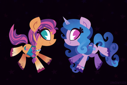 Size: 3000x2000 | Tagged: safe, artist:spacekitsch, izzy moonbow, sunny starscout, earth pony, pony, unicorn, g5, black background, female, high res, looking at you, mare, simple background, smiling