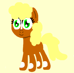 Size: 695x684 | Tagged: safe, artist:boyiepony34, retro leap, earth pony, pony, g4, my pretty pony, blaze (coat marking), coat markings, cute, drawception, facial markings, female, g0 to g4, generation leap, mare, retrobetes, simple background, smiling, solo, tan background