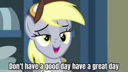 Size: 1280x720 | Tagged: safe, edit, edited screencap, screencap, derpy hooves, pony, g4, my little pony best gift ever, caption, female, free guy, image macro, lidded eyes, mailpony, mid-blink screencap, post office, solo, text