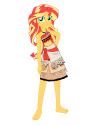 Size: 1024x1265 | Tagged: safe, artist:renthegodofhumor, sunset shimmer, equestria girls, g4, barefoot, clothes, clothes swap, cosplay, costume, feet, jewelry, midriff, moana, moana waialiki, necklace, simple background, solo, transparent background