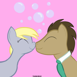 Size: 3600x3600 | Tagged: safe, artist:blinkshake, derpy hooves, doctor whooves, time turner, earth pony, pegasus, pony, g4, boop, bubble, eyes closed, female, high res, male, mare, noseboop, nuzzling, pink background, ship:doctorderpy, shipping, simple background, smiling, stallion, straight