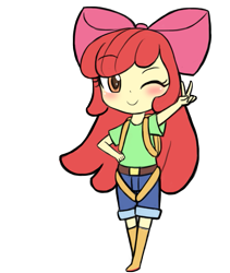 Size: 843x1000 | Tagged: safe, artist:lumineko, apple bloom, equestria girls, g4, adorabloom, blushing, cute, falling, one eye closed, peace sign, simple background, solo, transparent background, wink