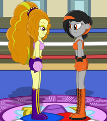 Size: 2000x2257 | Tagged: safe, artist:toyminator900, adagio dazzle, oc, oc:dusk strike, equestria girls, g4, bedroom eyes, boxing, boxing gloves, clothes, female, gym, high res, sports