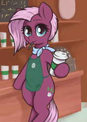 Size: 2150x3000 | Tagged: safe, alternate version, artist:t72b, jasmine leaf, earth pony, pony, g4, apron, bipedal, bipedal leaning, clothes, coffee cup, cup, female, high res, hoof hold, leaning, looking at you, mare, meme, mouth hold, neckerchief, offering, sharpie, smiling, smiling at you, solo, starbucks