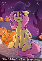 Size: 2625x3777 | Tagged: safe, artist:graphene, fluttershy, pegasus, pony, cute, dialogue, female, floppy ears, folded wings, halloween, hat, high res, holiday, jack-o-lantern, looking at you, mare, open mouth, open smile, outdoors, pumpkin, shyabetes, sitting, smiling, solo, stray strand, talking to viewer, three quarter view, wings, witch hat