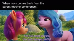 Size: 2204x1224 | Tagged: safe, edit, edited screencap, screencap, izzy moonbow, sunny starscout, pony, g5, my little pony: a new generation, spoiler:my little pony: a new generation, 3d, disappointed, female, mare, meme