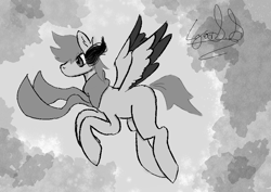 Size: 842x595 | Tagged: safe, artist:igorbanette, oc, oc only, oc:thorn darkness, pegasus, pony, clothes, colored wings, eye mist, flying, scarf, solo, two toned wings, wings