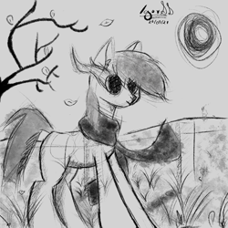 Size: 1000x1000 | Tagged: safe, artist:igorbanette, oc, oc only, oc:thorn darkness, pony, clothes, eye mist, leaves, scarf, solo, tree