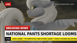 Size: 1280x720 | Tagged: safe, artist:wingrazor, oc, oc:aurora pinfeathers, pegasus, pony, fallout equestria, fallout equestria: renewal, break your own news, breaking news, fanfic art, female, green eyes, headline, mare, nudism, nudist, raised tail, tail, white mane