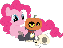 Size: 3554x2723 | Tagged: safe, artist:porygon2z, pinkie pie, earth pony, pony, titan, g4, broken horn, collar, crossover, duo, duo male and female, female, friendshipping, halloween, high res, hilarious in hindsight, holiday, horn, jack-o-lantern, king clawthorne, looking at you, male, pet tag, pumpkin, show accurate, simple background, skull, the owl house, transparent background, vector