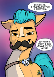 Size: 700x1000 | Tagged: safe, artist:the_gneech, hitch trailblazer, g5, my little pony: a new generation, bad joke, bad pun, dialogue, disguise, facial hair, gradient background, moustache, pun, sheriff, simple background, smiling, speech bubble