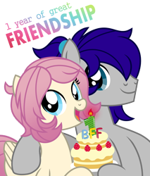 Size: 850x1000 | Tagged: safe, artist:jennieoo, oc, oc:gentle star, oc:maverick, earth pony, pegasus, pony, anniversary, cake, celebration, cute, food, friends, friendship, happy, hug, looking at you, ocbetes, show accurate, simple background, smiling, smiling at you, transparent background, vector