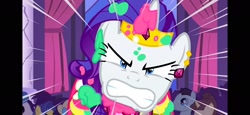 Size: 2340x1080 | Tagged: safe, screencap, rarity, pony, unicorn, g4, season 1, the best night ever, afraid to get dirty, angry, background pony, close-up, eyelashes, food, frosting, gritted teeth, narrowed eyes, shrunken pupils, speed lines, this will end in death, this will end in pain, this will not end well