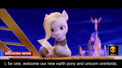 Size: 800x450 | Tagged: safe, edit, edited screencap, screencap, dazzle feather, pegasus, pony, g5, my little pony: a new generation, 3d, breaking news, caption, female, hoof hold, i for one welcome our new overlords, image macro, looking at you, mare, meme, news, solo, text, unshorn fetlocks, zephyr heights