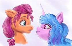Size: 5418x3442 | Tagged: safe, artist:nedemai, izzy moonbow, sunny starscout, earth pony, pony, unicorn, g5, my little pony: a new generation, spoiler:g5, spoiler:my little pony: a new generation, duo, duo female, female, looking at each other, scene interpretation, staring contest