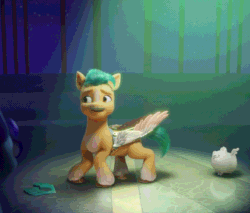 Size: 650x555 | Tagged: safe, edit, edited screencap, screencap, cloudpuff, hitch trailblazer, earth pony, pony, g5, my little pony: a new generation, spoiler:my little pony: a new generation, animated, critter magnet, dancing, extreme speed animation, fake wings, male, pegasus crystal, reversed, spotlight, stallion, wat
