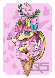 Size: 2500x3500 | Tagged: safe, artist:quasararts, angel bunny, fluttershy, oc, oc:princess fluttershy, alicorn, butterfly, pony, au:friendship is kindness, g4, acorn, alicorn oc, alicornified, alternate cutie mark, alternate design, alternate hairstyle, alternate universe, colored wings, commission, cute, element of kindness, food, high res, ice cream, ice cream cone, jewelry, race swap, stars, tiara, two toned wings, wings, ych result