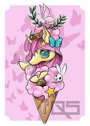 Size: 2500x3500 | Tagged: safe, artist:quasararts, angel bunny, fluttershy, oc, oc:princess fluttershy, alicorn, butterfly, pony, au:friendship is kindness, g4, acorn, alicorn oc, alicornified, alternate cutie mark, alternate design, alternate hairstyle, alternate universe, commission, cute, element of kindness, food, high res, ice cream, ice cream cone, jewelry, race swap, stars, tiara, ych result