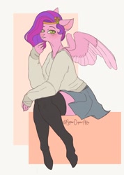 Size: 1030x1448 | Tagged: safe, artist:superduperath, pipp petals, pegasus, anthro, unguligrade anthro, g5, my little pony: a new generation, abstract background, clothes, female, headband, skirt, socks, solo, stockings, sweater, thigh highs, wings