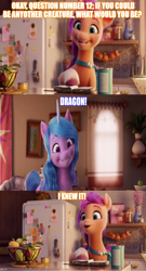 Size: 912x1688 | Tagged: safe, edit, screencap, izzy moonbow, sunny starscout, earth pony, pony, unicorn, g5, my little pony: a new generation, spoiler:my little pony: a new generation, 142 questions for a unicorn, book, female, mare, text, wrong aspect ratio