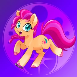 Size: 1500x1500 | Tagged: safe, artist:alinabr00k, sunny starscout, earth pony, pony, g5, my little pony: a new generation, spoiler:my little pony: a new generation, abstract background, braid, colored hooves, cute, eyebrows, female, looking at you, mare, open mouth, open smile, raised hoof, signature, smiling, solo, sunnybetes, unshorn fetlocks