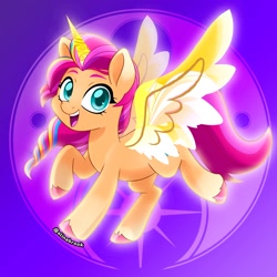 Size: 1500x1500 | Tagged: safe, alternate version, artist:alinabr00k, sunny starscout, alicorn, earth pony, pony, g5, my little pony: a new generation, spoiler:my little pony: a new generation, abstract background, alicornified, artificial wings, augmented, braid, colored hooves, cute, eyebrows, female, horn, looking at you, magic, magic horn, magic wings, mane stripe sunny, mare, open mouth, open smile, race swap, raised hoof, signature, smiling, solo, sunnybetes, sunnycorn, unshorn fetlocks, wings