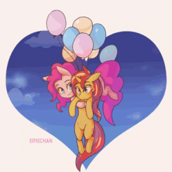 Size: 1200x1200 | Tagged: safe, artist:katakiuchi4u, pinkie pie, sunset shimmer, earth pony, pony, unicorn, g4, animated, balloon, blushing, cloud, duo, female, floating, floppy ears, freckles, gif, heart, heart shaped, holding, lesbian, mare, party balloon, peppered bacon, ponytober, ship:sunsetpie, shipping, sky, smiling, then watch her balloons lift her up to the sky