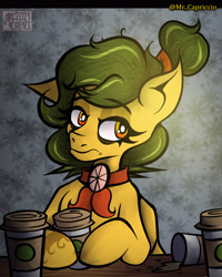 Size: 3000x3750 | Tagged: safe, artist:mrcapriccio, oc, oc only, oc:sugary "citronnier" lime, pegasus, pony, abstract background, bags under eyes, bust, coffee, eyeshadow, female, high res, looking at you, makeup, mare, neckerchief, ponytail, portrait, sleepy, solo, tattoo