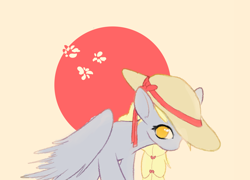 Size: 3200x2300 | Tagged: safe, artist:manicpanda, derpy hooves, pegasus, pony, g4, abstract background, braid, cute, derpabetes, eyelashes, high res, leaning forward, no pupils, simple background, sitting, solo, spread wings, summer hat, wings